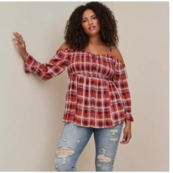 Torrid Womens Plus Size 4 Plaid Off-Shoulder Smocked Top Orange Rust & White Ray - Picture 2 of 10